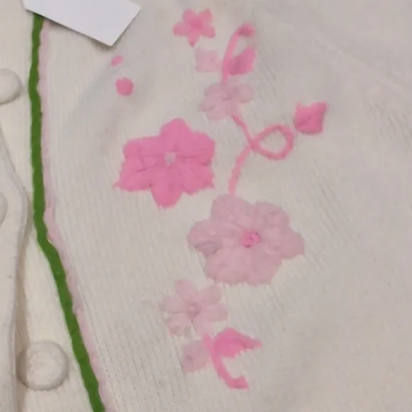 Vintage White Knit Cardigan Pink Embroidery Korea - Picture 6 of 12